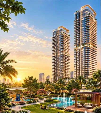 Landscaped garden with fountains, lawn and children's play area below the Shahrukhz Residences towers
