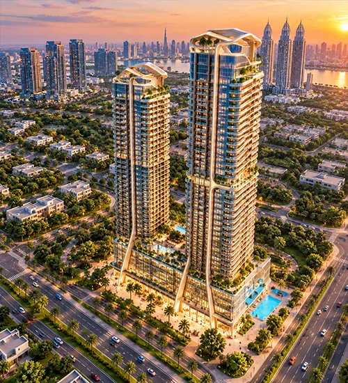 Aerial view of the Shahrukhz Residences by Danube towers with podium pool and tree-lined roads