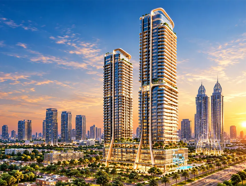 Twin residential towers of Shahrukhz Residences by Danube against the Dubai skyline at sunset