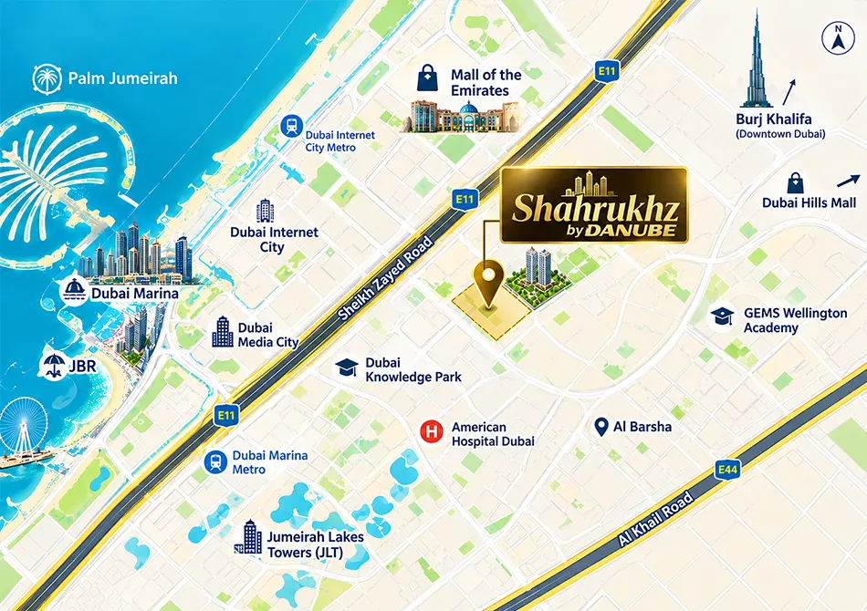 Location map of Shahrukhz by Danube near Sheikh Zayed Road and Al Barsha, Dubai
